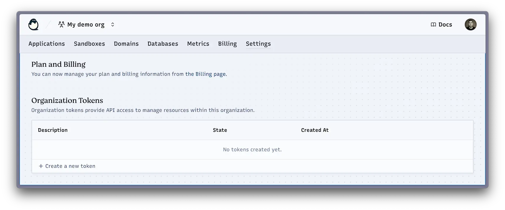Deno Deploy 組織權杖畫面。