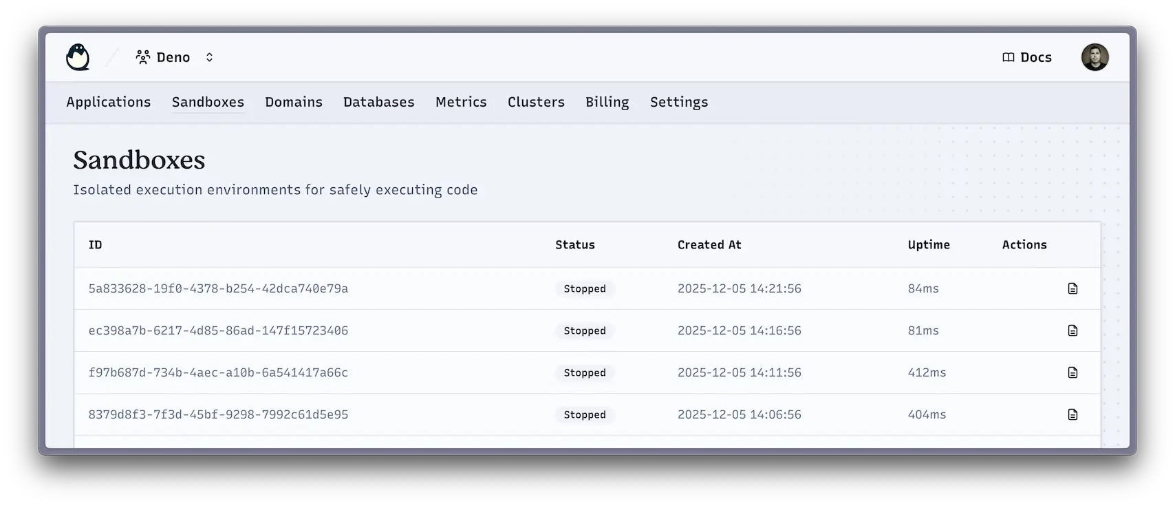 在 Deno Deploy 主控台中建立的沙箱清單。
